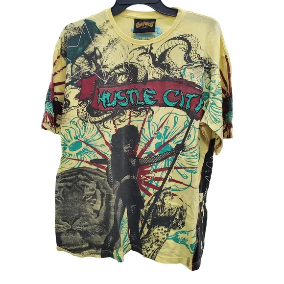 Simple Mathematics Men's Y2K Yellow Hustle Heavy Embellished Mixed Media Tee‎ 2X - Picture 1 of 10